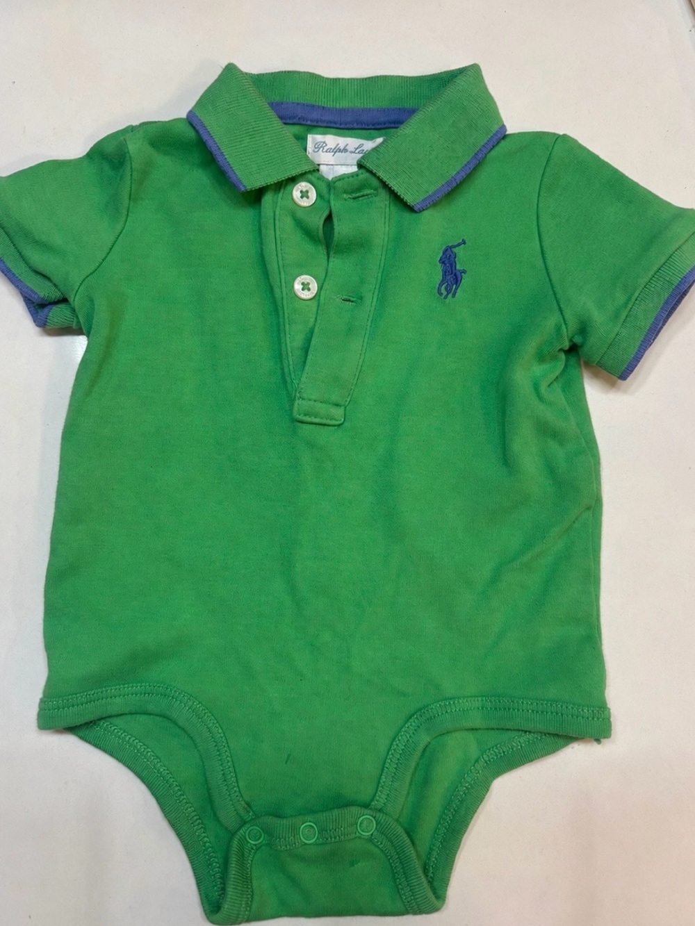 Ralph Lauren Baby Boy 3M Kelly Green Polo Bodysuit One Piece Blue Trim
